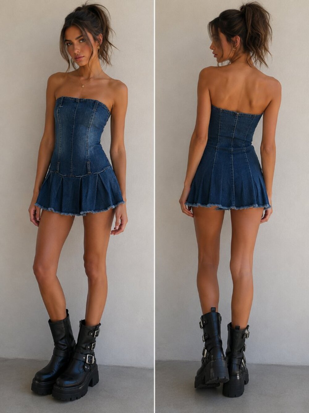 NWT SHEIN ICON Strapless Denim Mini Dress - Pleated Frayed Hem Bratz Festival S